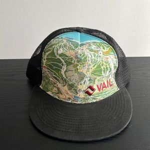 Snap back screen printed vail resort ski slope trucker hat.